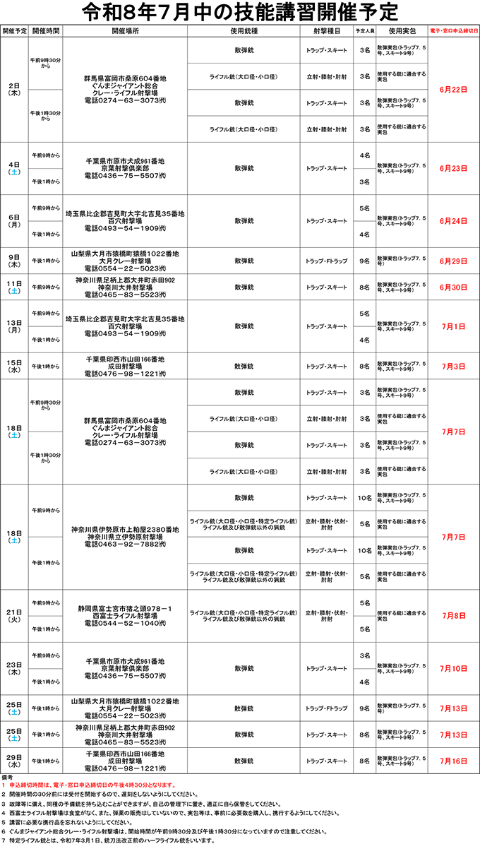 7月中の技能講習開催予定表