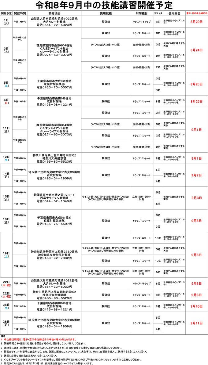 9月中の技能講習開催予定表